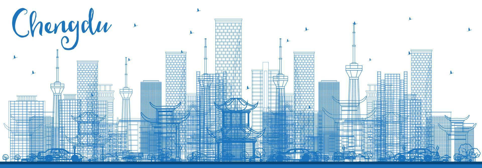 Outline Chengdu China City Skyline with Blue Buildings. vector