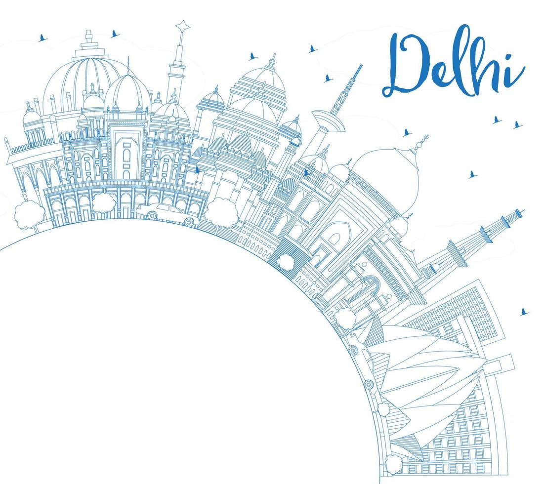 Outline Delhi India City Skyline with Blue Buildings with Copy Space. vector