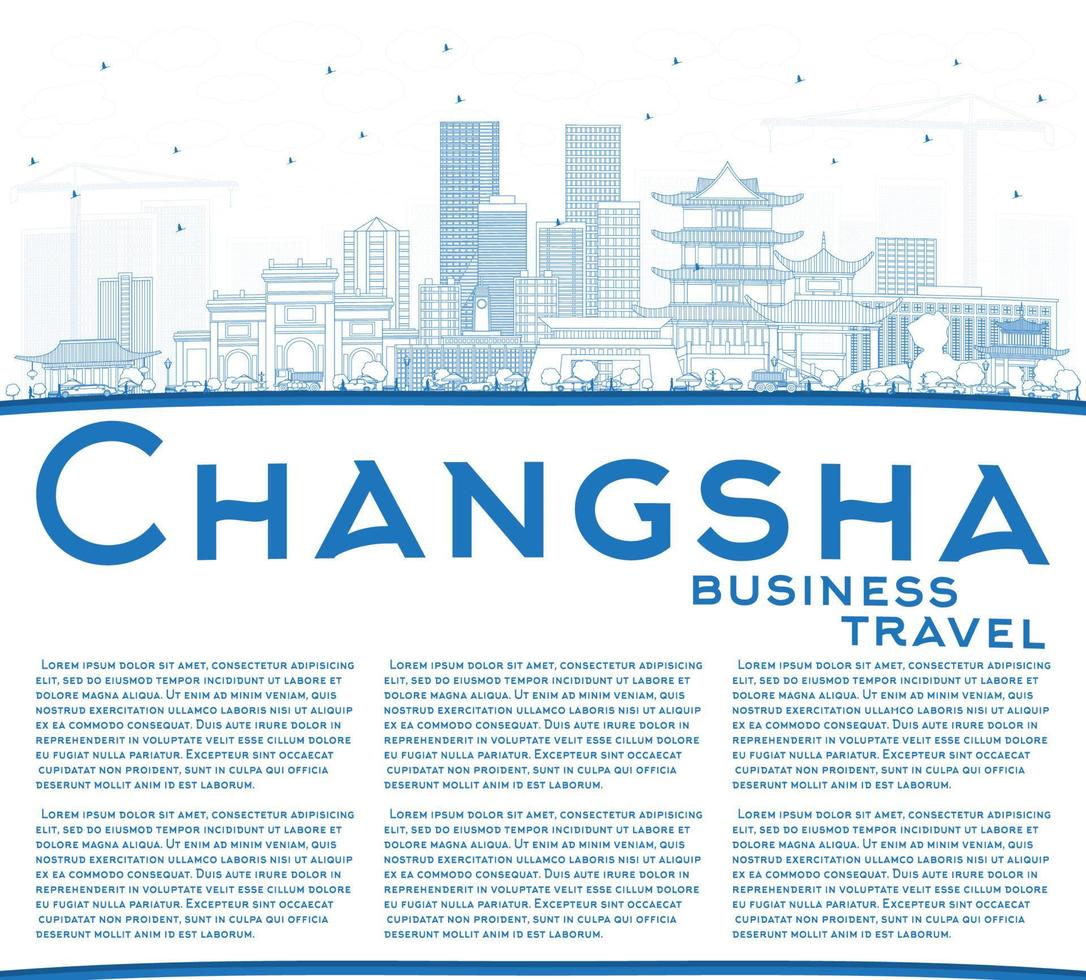 Outline Changsha China City Skyline with Blue Buildings and Copy Space. vector