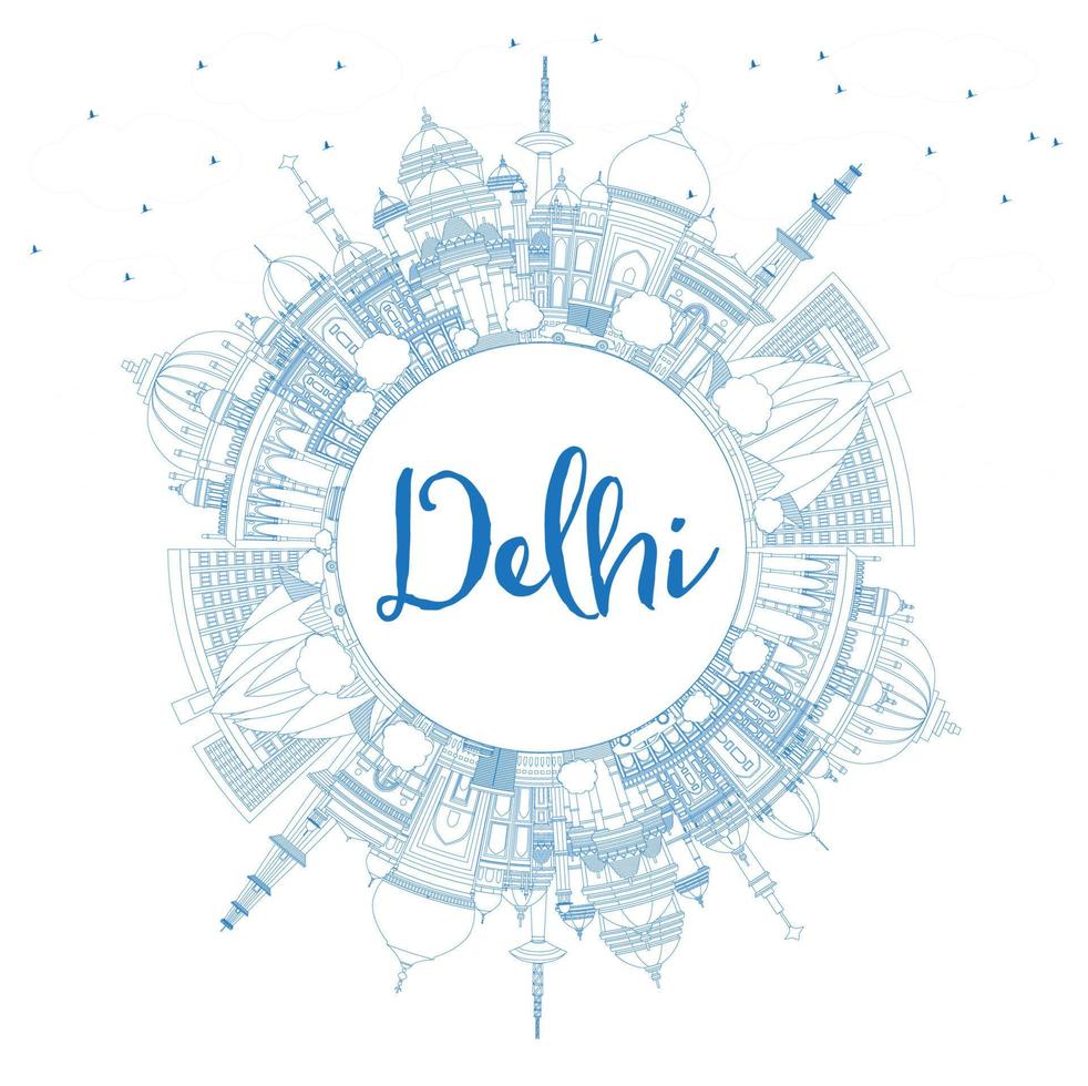 Outline Delhi India City Skyline with Blue Buildings with Copy Space. vector