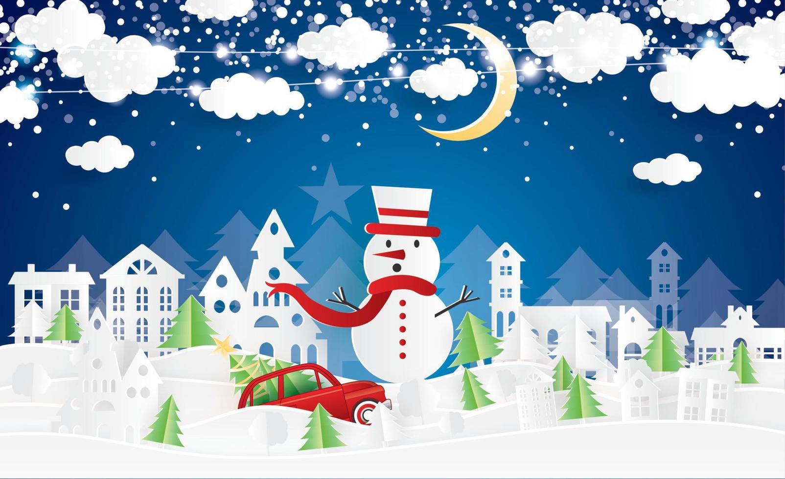 Christmas Village and Snowman in Paper Cut Style. Red Truck Carry Christmas Tree. vector