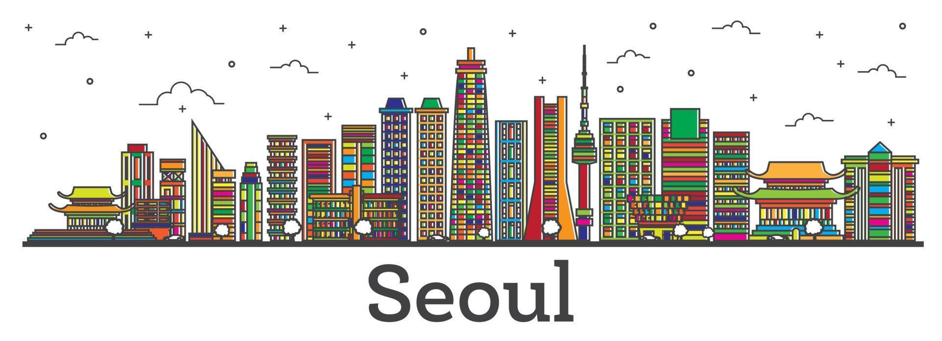 delinear el horizonte de la ciudad de seúl corea del sur con edificios de color aislados en blanco. vector