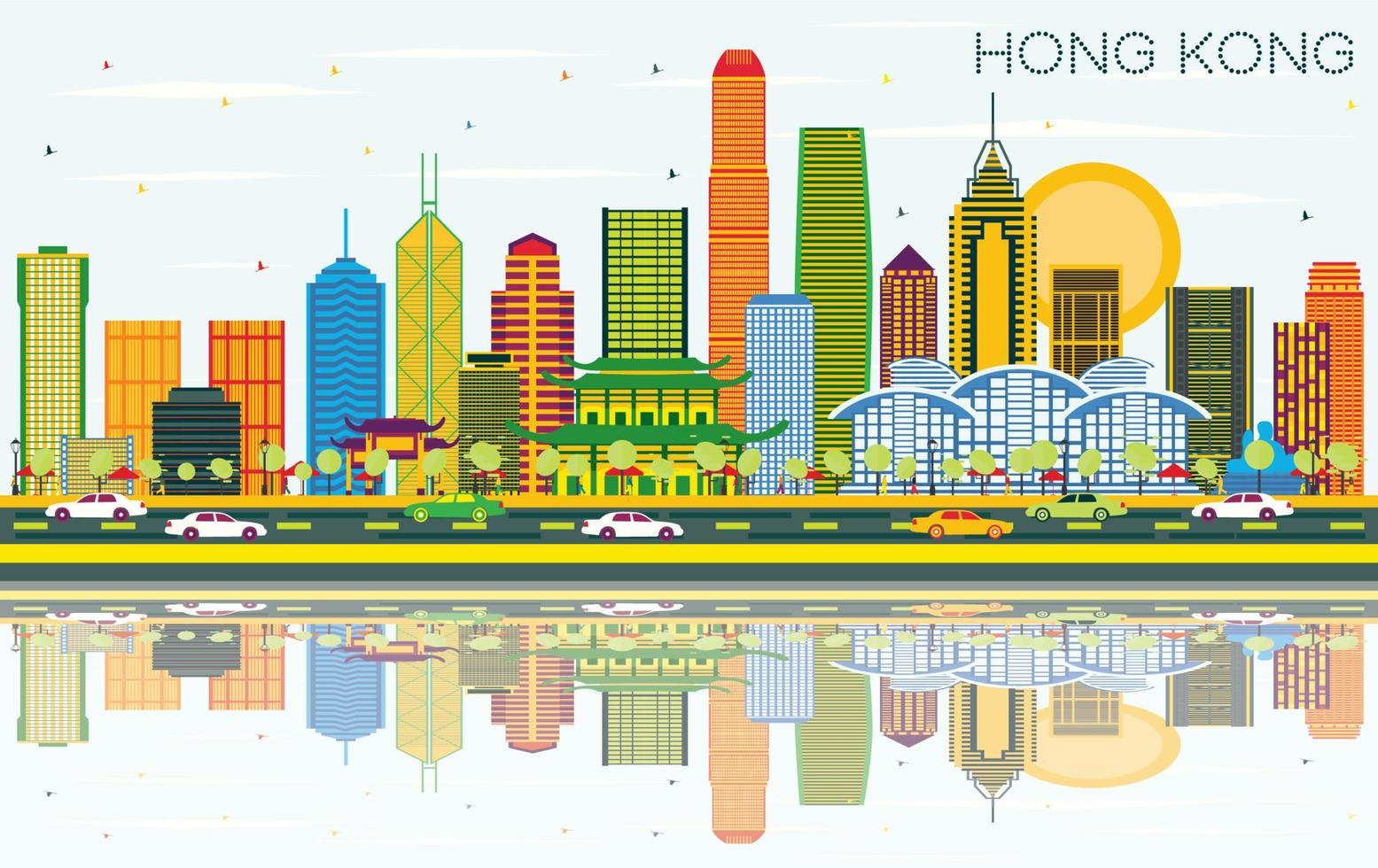 horizonte de la ciudad de hong kong china con edificios de color, cielo azul y reflejos. vector