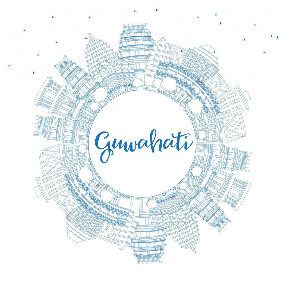 Outline Guwahati India City Skyline with Blue Buildings and Copy Space. vector