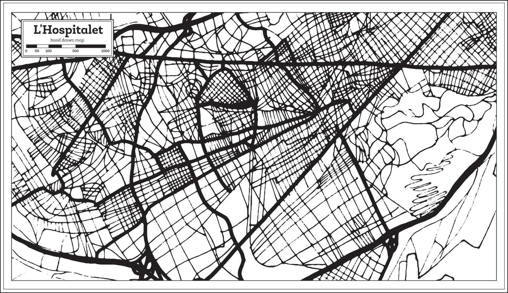 Mapa de la ciudad de l'hospitalet españa en estilo retro. esquema del mapa. vector