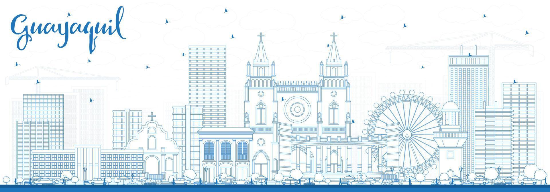 Outline Guayaquil Ecuador City Skyline with Blue Buildings. vector