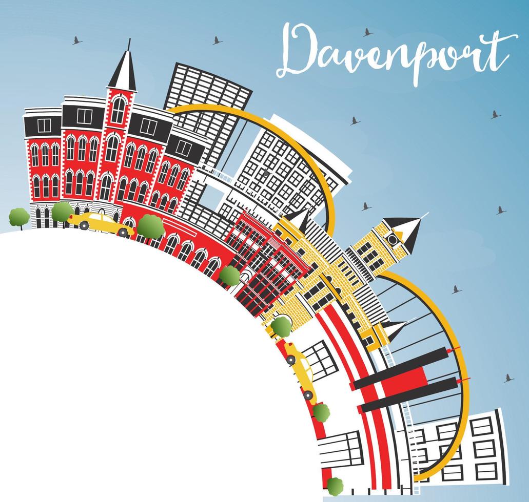 Davenport Iowa Skyline with Color Buildings, Blue Sky and Copy Space. vector