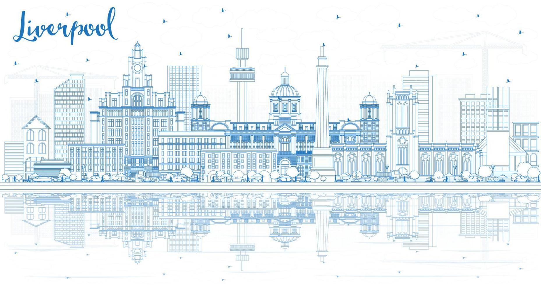 Outline Liverpool Skyline with Blue Buildings and Reflections. vector