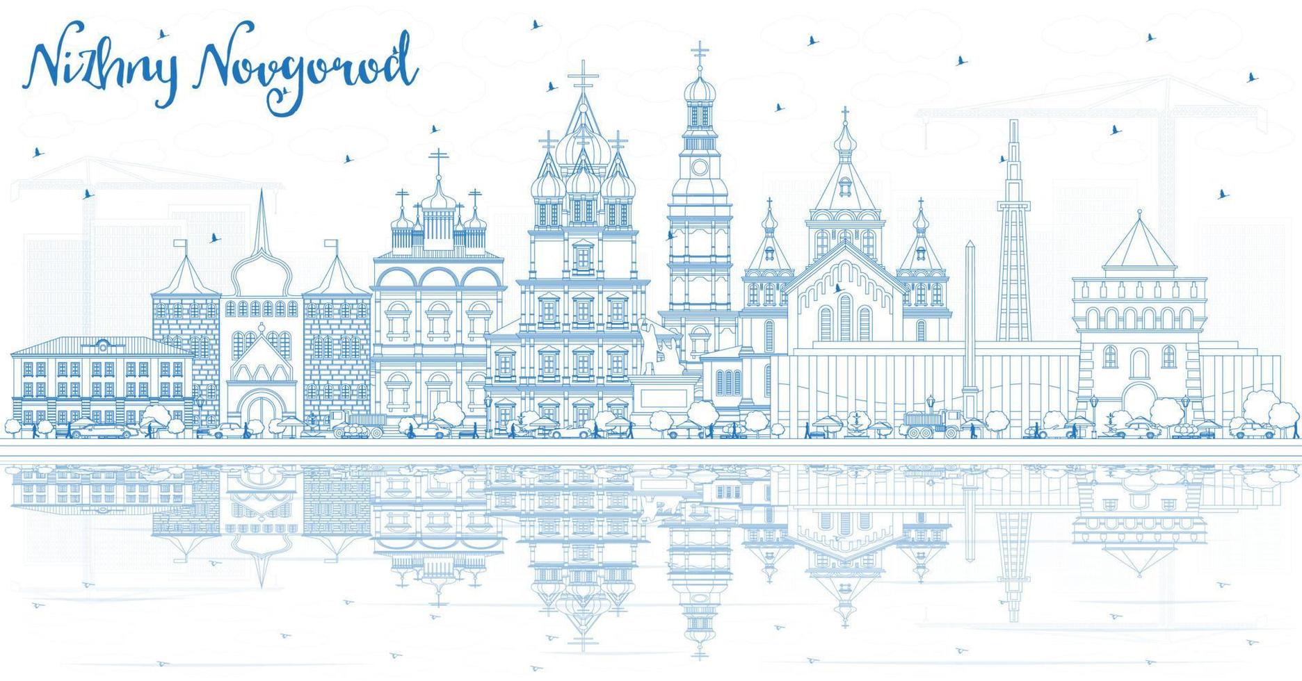 Outline Nizhny Novgorod Russia City Skyline with Blue Buildings and Reflections. vector