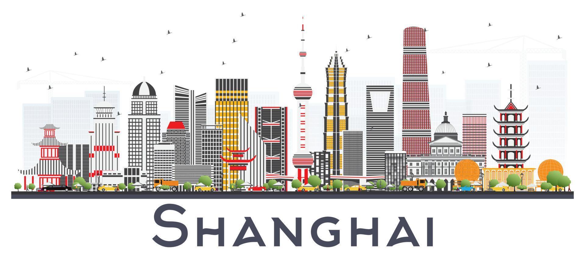Shanghai China City Skyline with Color Buildings Isolated on White. vector