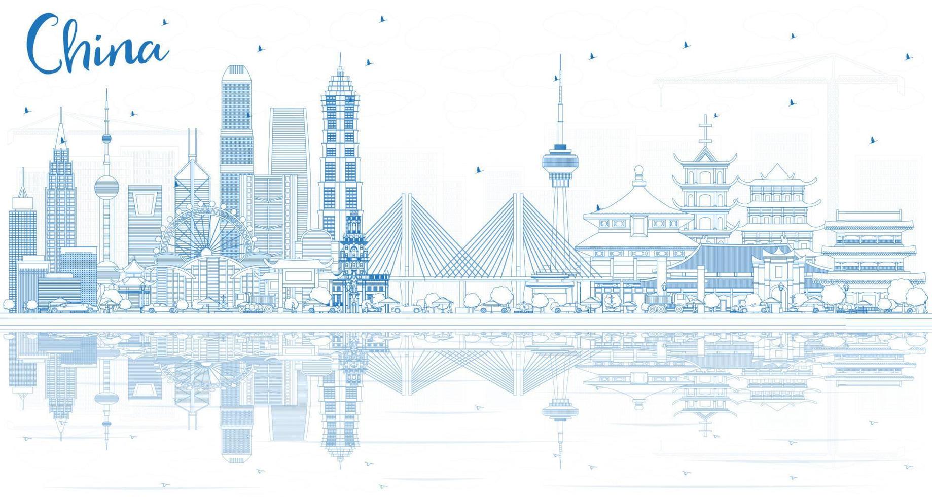 Outline China City Skyline with Reflections. vector