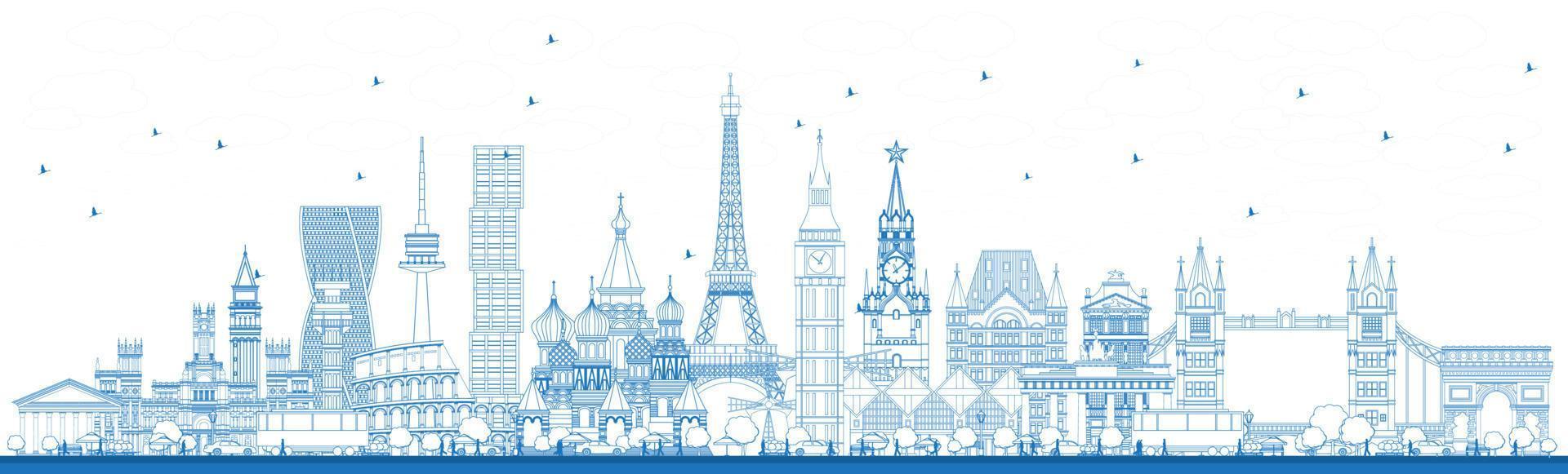 Outline Famous Landmarks in Europe. Vector Illustration.