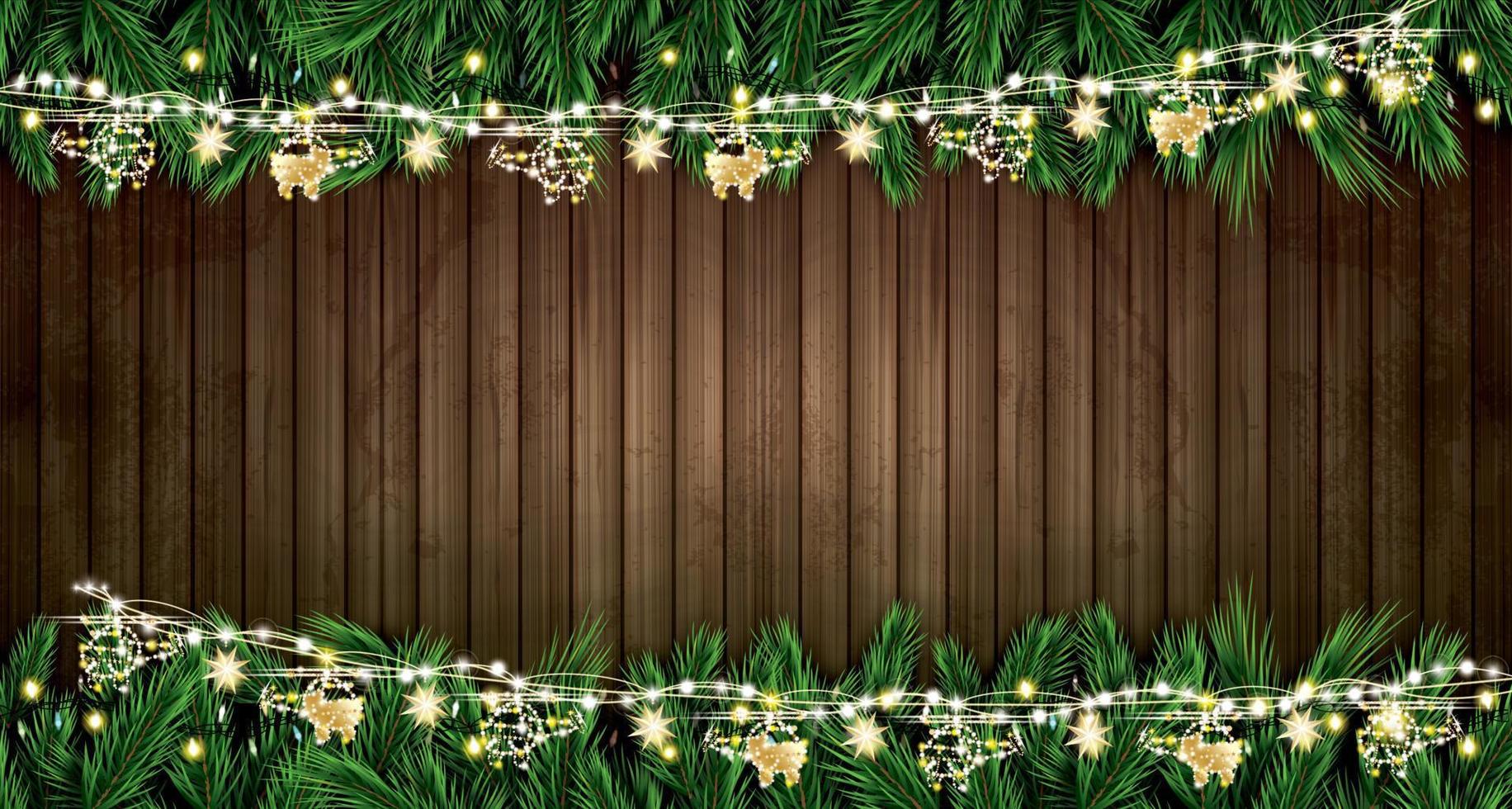 Fir Branch with Neon Lights and Golden Garland with Helicopters on Wooden Background. vector