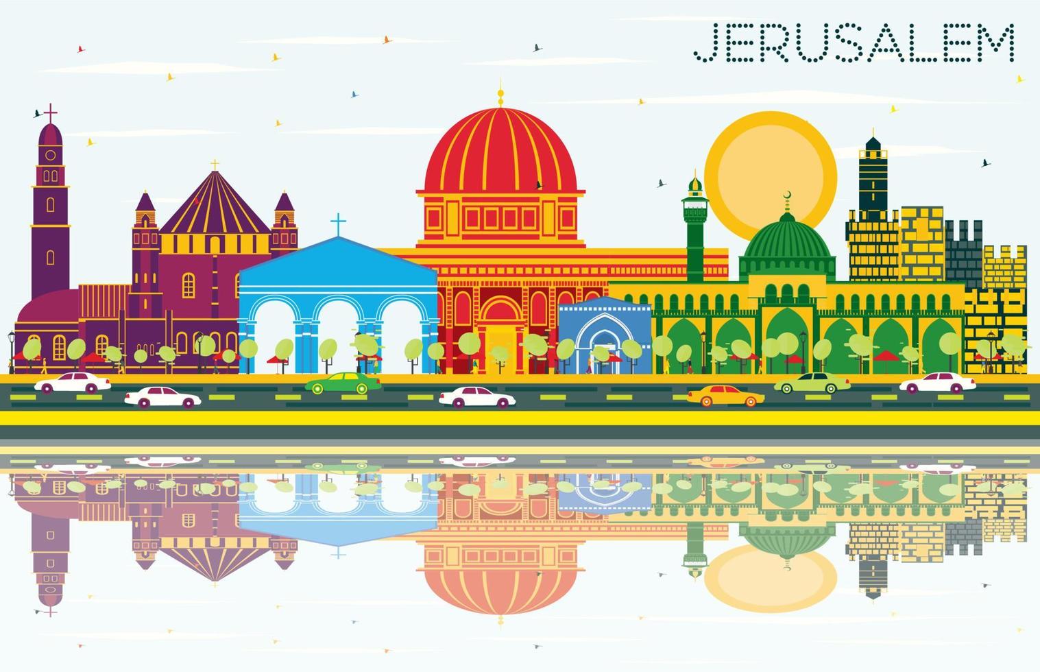 Jerusalem Israel Skyline with Color Buildings, Blue Sky and Reflections. vector