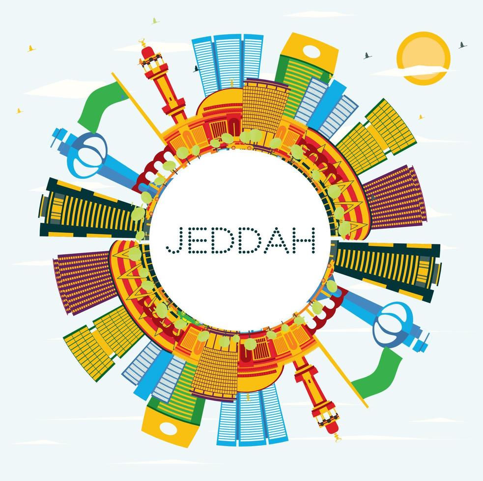 Jeddah Saudi Arabia City Skyline with Color Buildings, Blue Sky and Copy Space. vector