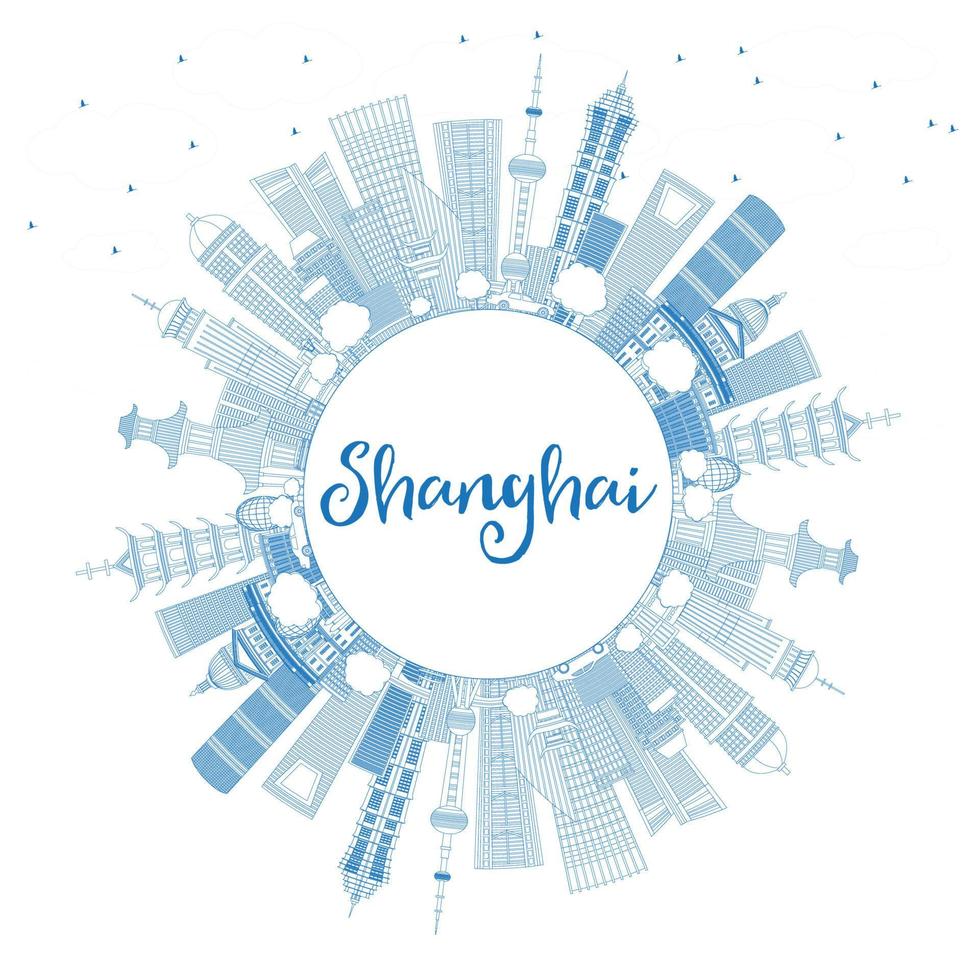 Outline Shanghai China City Skyline with Blue Buildings and Copy Space. vector