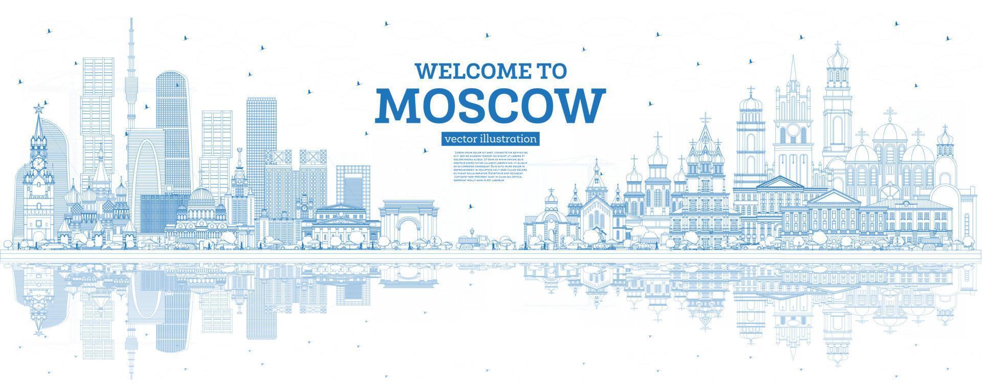 esquema bienvenido al horizonte de moscú rusia con edificios azules y reflejos. vector