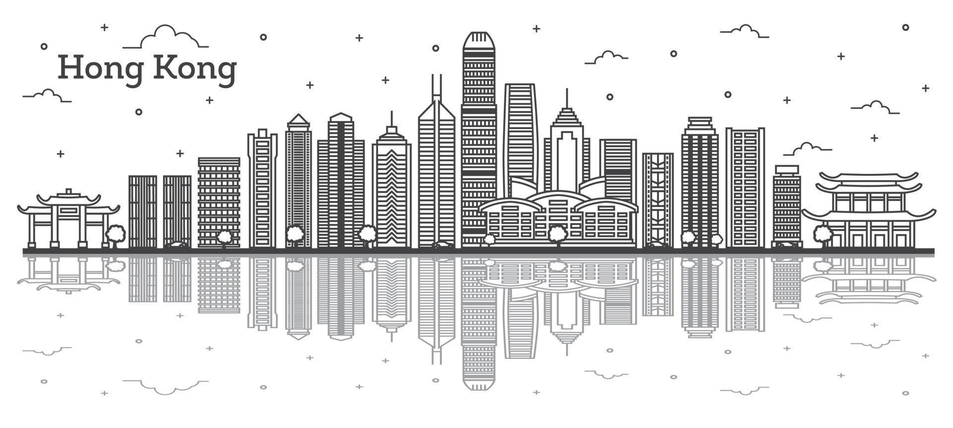 Outline Hong Kong China City Skyline with Modern Buildings and Reflections Isolated on White. vector