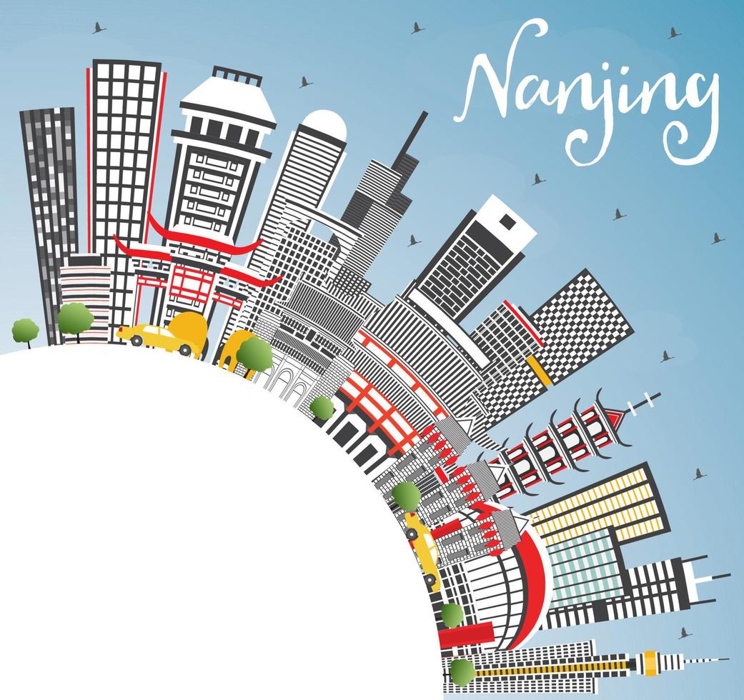 Nanjing China Skyline with Gray Buildings, Blue Sky and Copy Space. vector