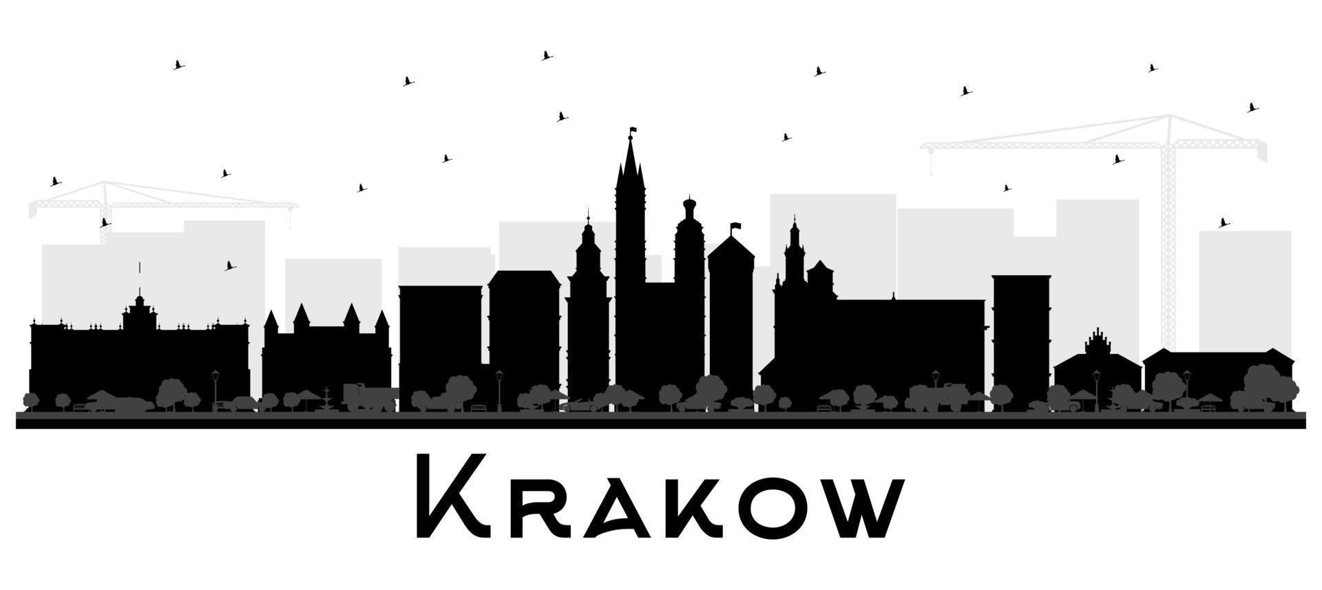 Krakow Poland City Skyline Silhouette with Black Buildings Isolated on White. vector