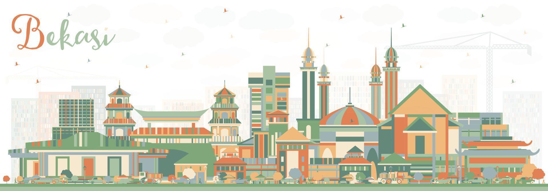 horizonte de la ciudad de bekasi indonesia con edificios de color. vector
