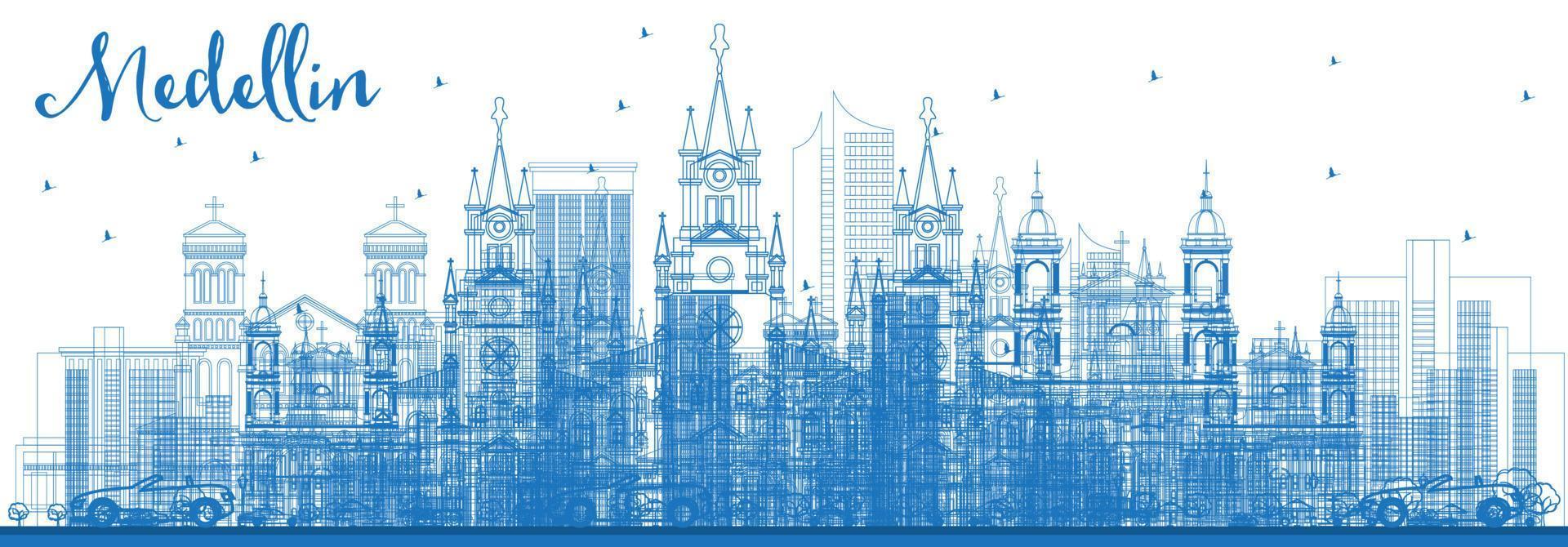 Outline Medellin Colombia City Skyline with Blue Buildings. vector