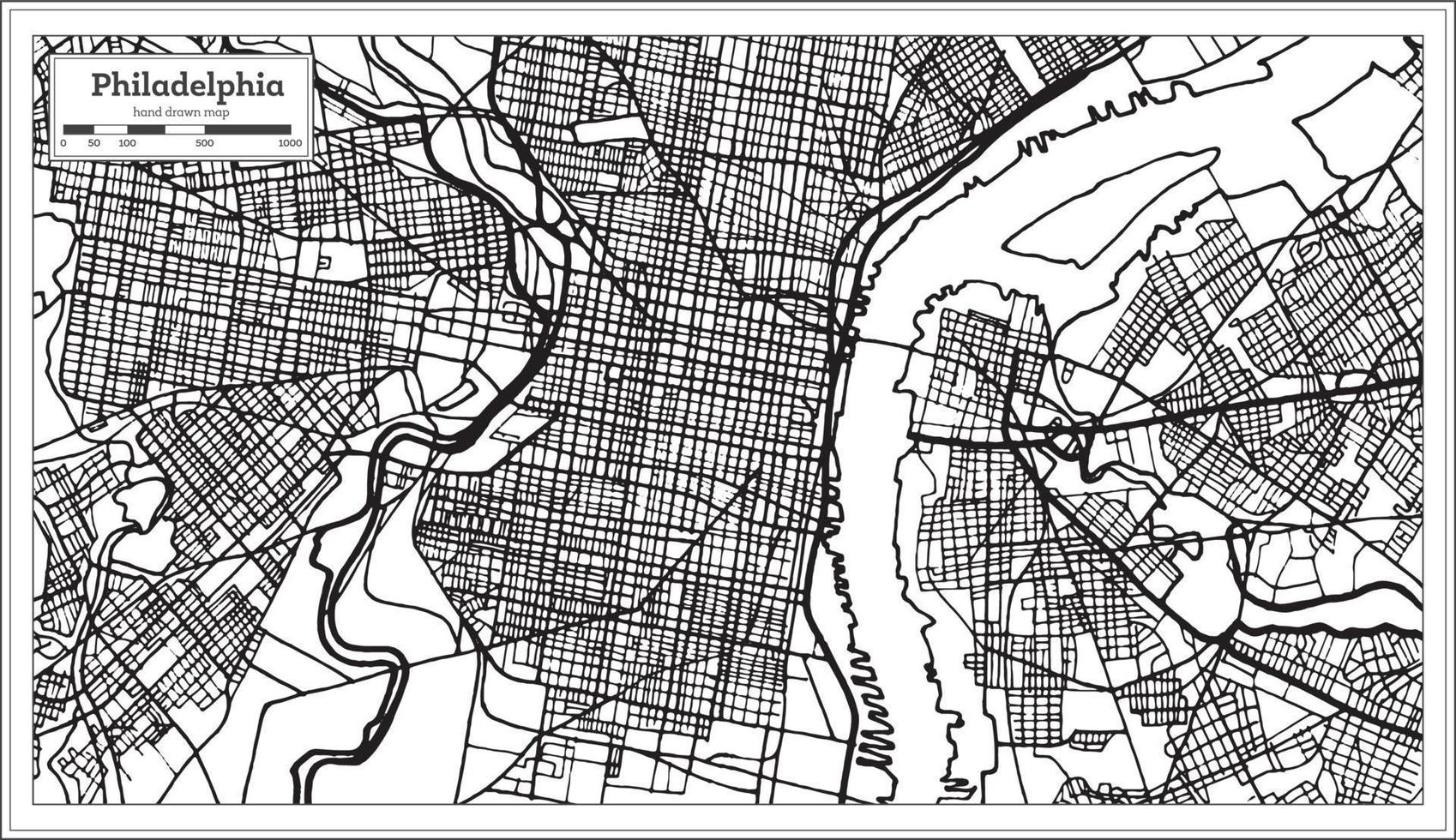 mapa de filadelfia, pennsylvania, estados unidos, en color blanco y negro. vector