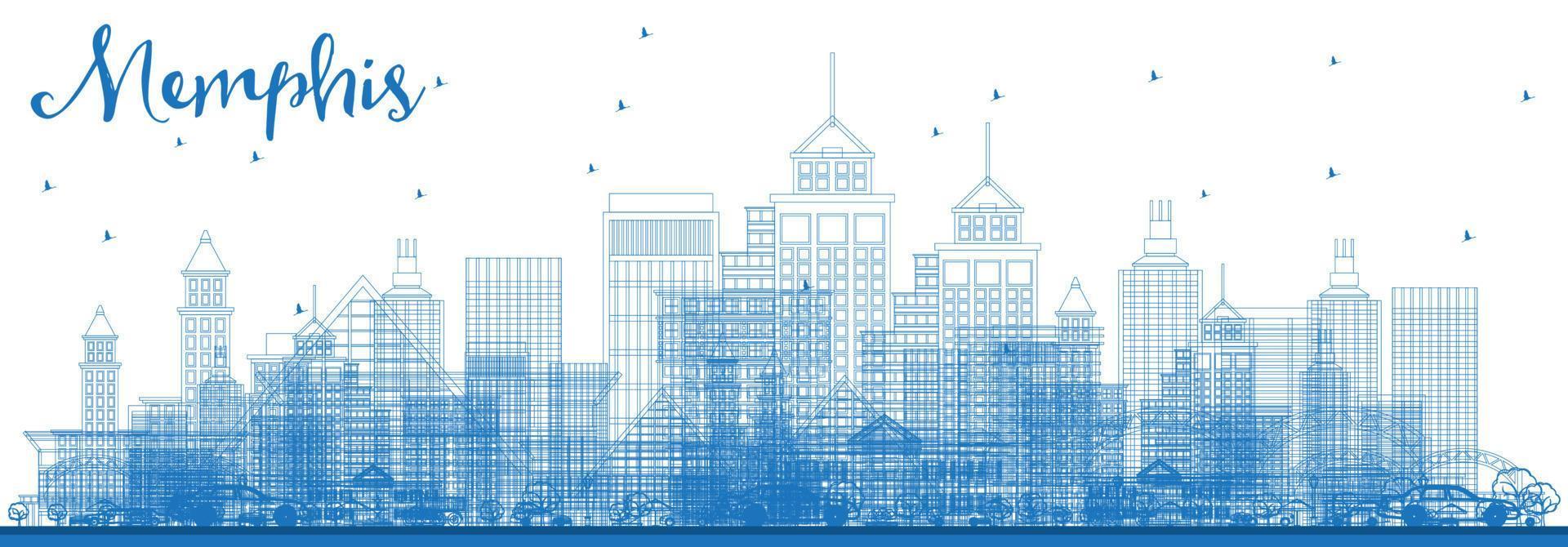 Outline Memphis Tennessee City Skyline with Blue Buildings. vector