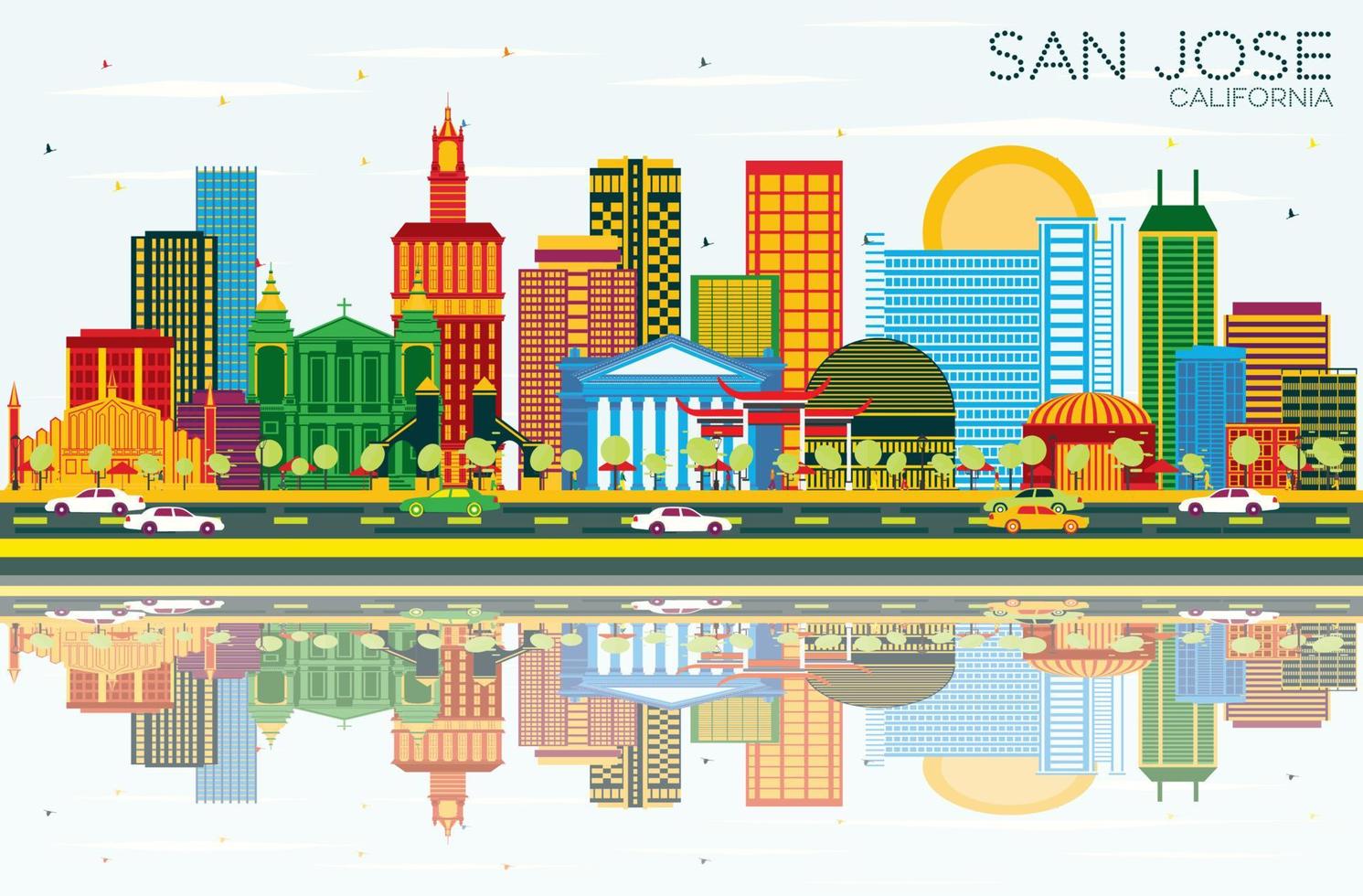 San Jose California Skyline with Color Buildings, Blue Sky and Reflections. vector