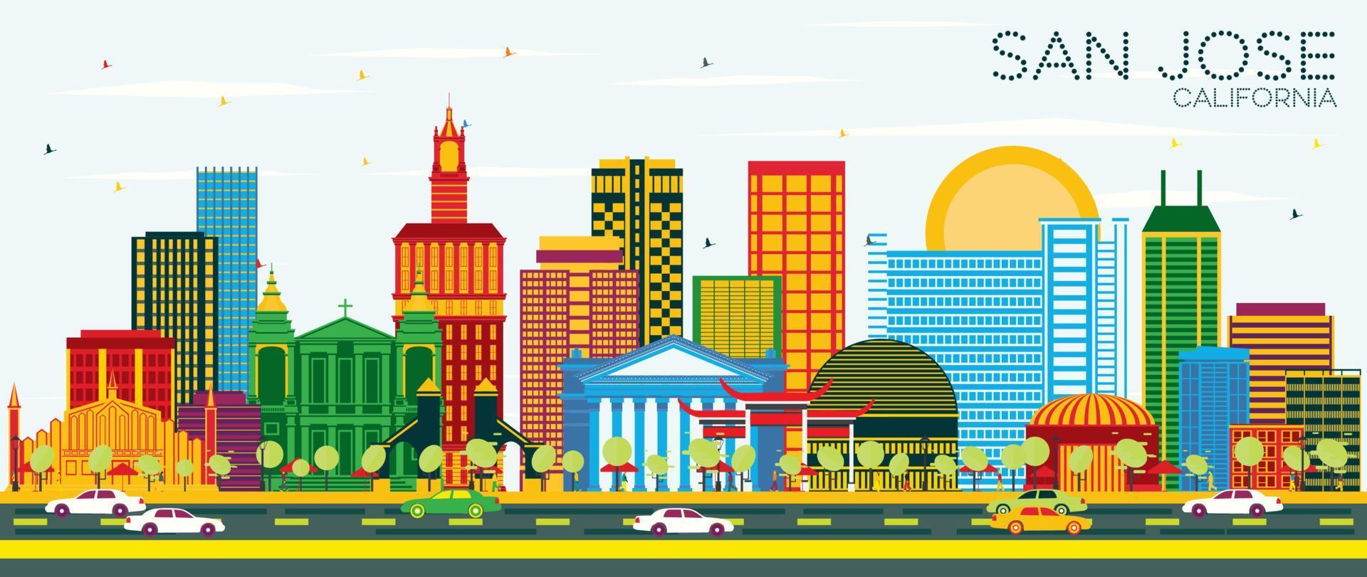 San Jose California Skyline with Color Buildings and Blue Sky. vector