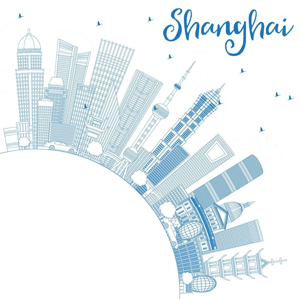 Outline Shanghai China City Skyline with Blue Buildings and Copy Space. vector