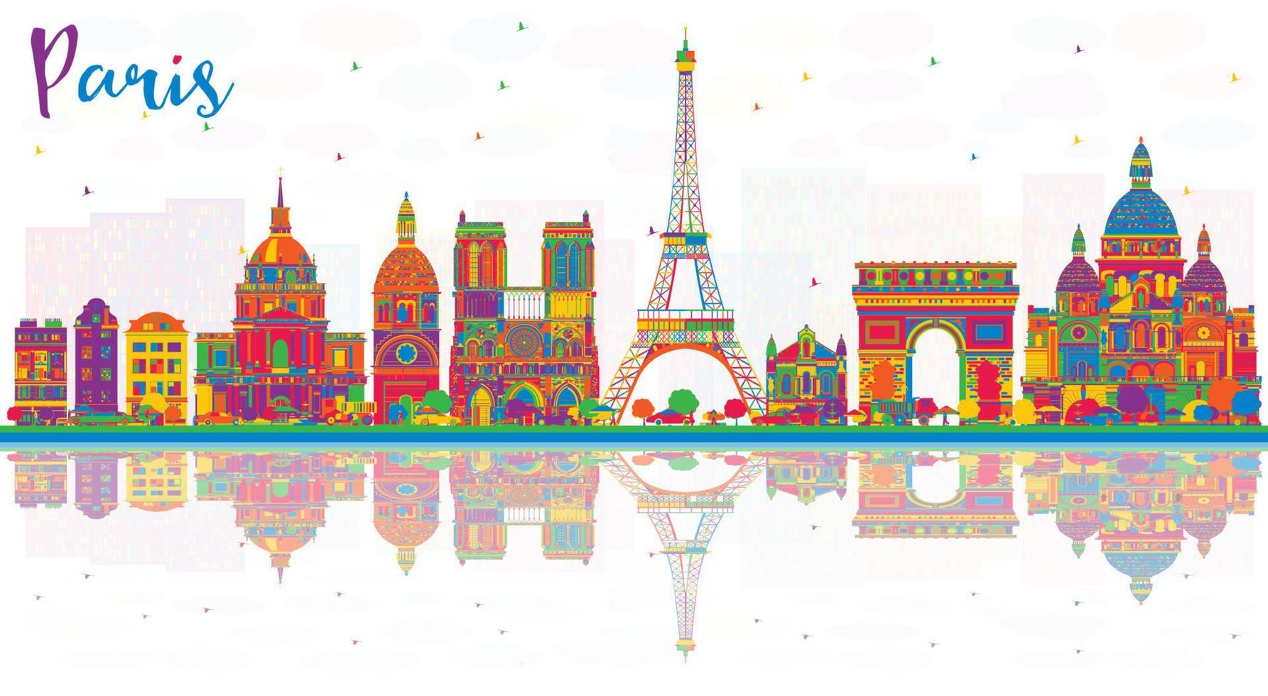 Paris France City Skyline with Color Buildings and Reflections. vector