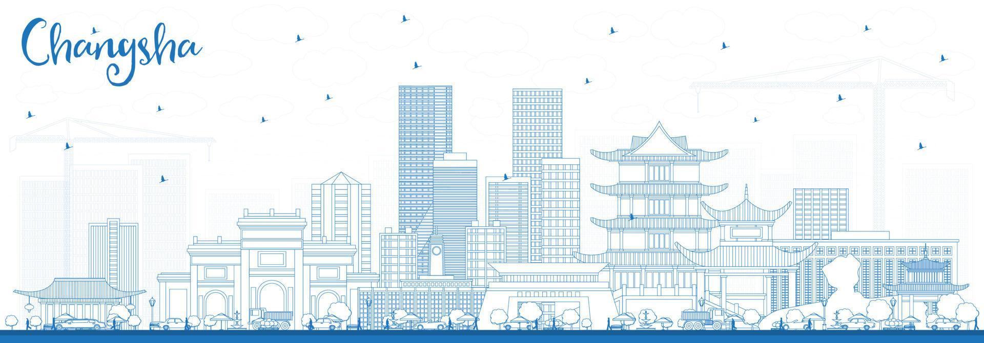 Outline Changsha China City Skyline with Blue Buildings. vector