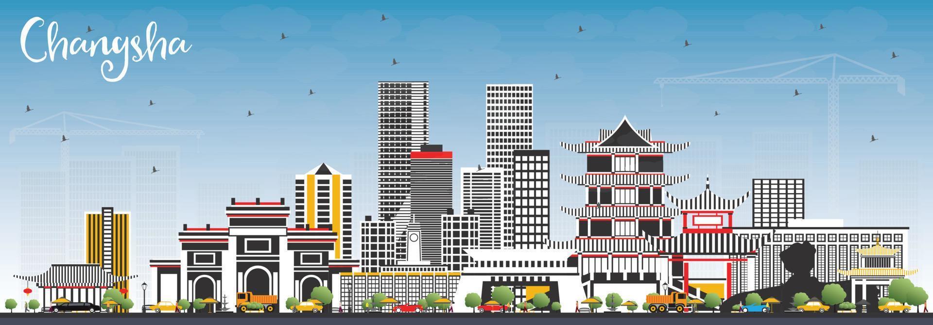 el horizonte de la ciudad china de changsha con edificios grises y cielo azul. vector