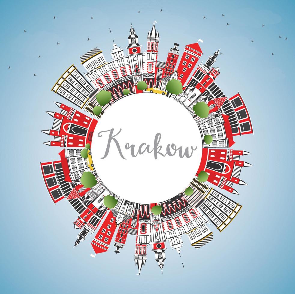 Krakow Poland City Skyline with Color Buildings, Blue Sky and Copy Space. vector