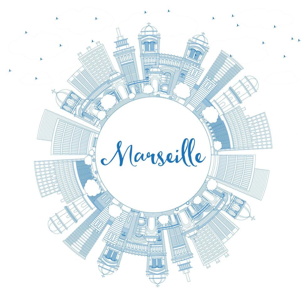 Outline Marseille France City Skyline with Blue Buildings and Copy Space. vector