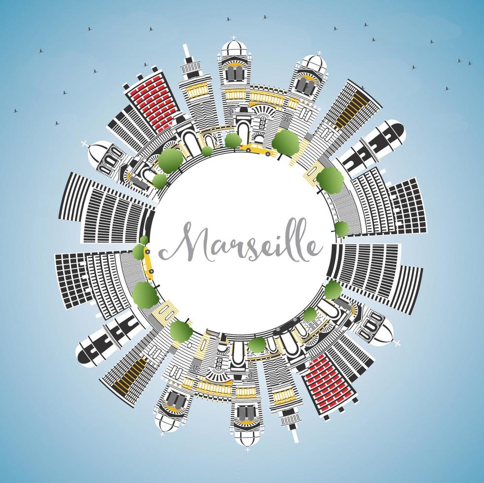 horizonte de la ciudad de marsella francia con edificios grises, cielo azul y espacio para copiar. vector