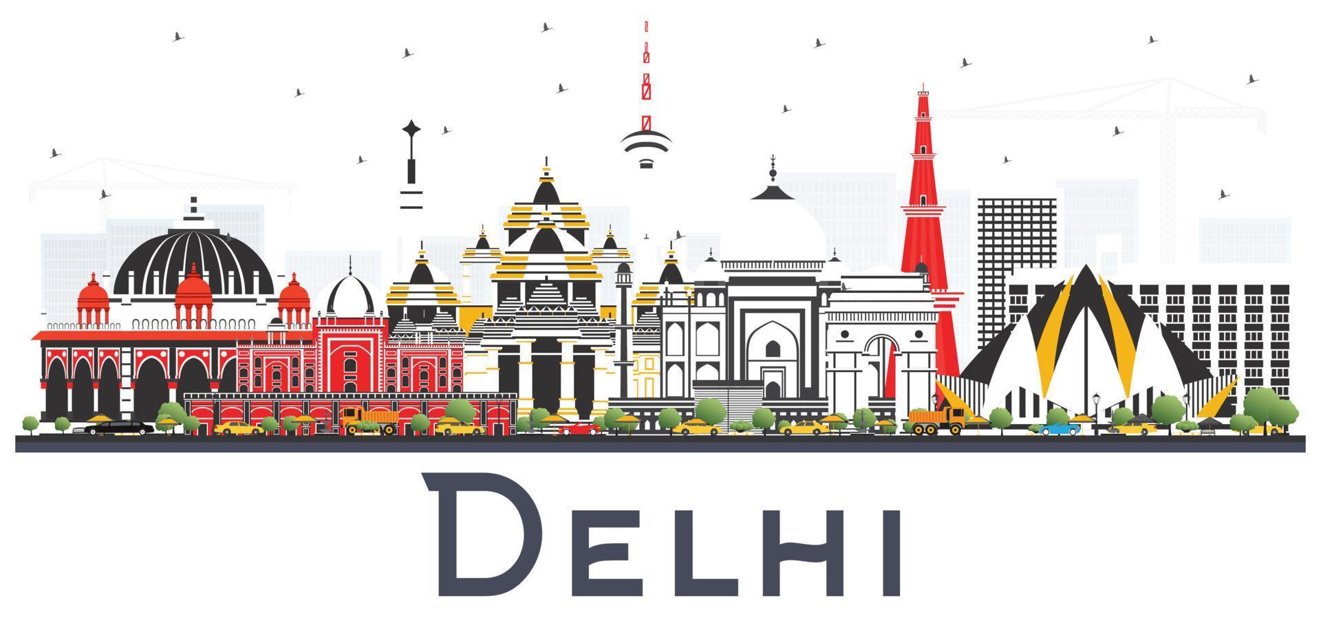 Horizonte de la ciudad de delhi india con edificios de color aislado sobre fondo blanco. vector