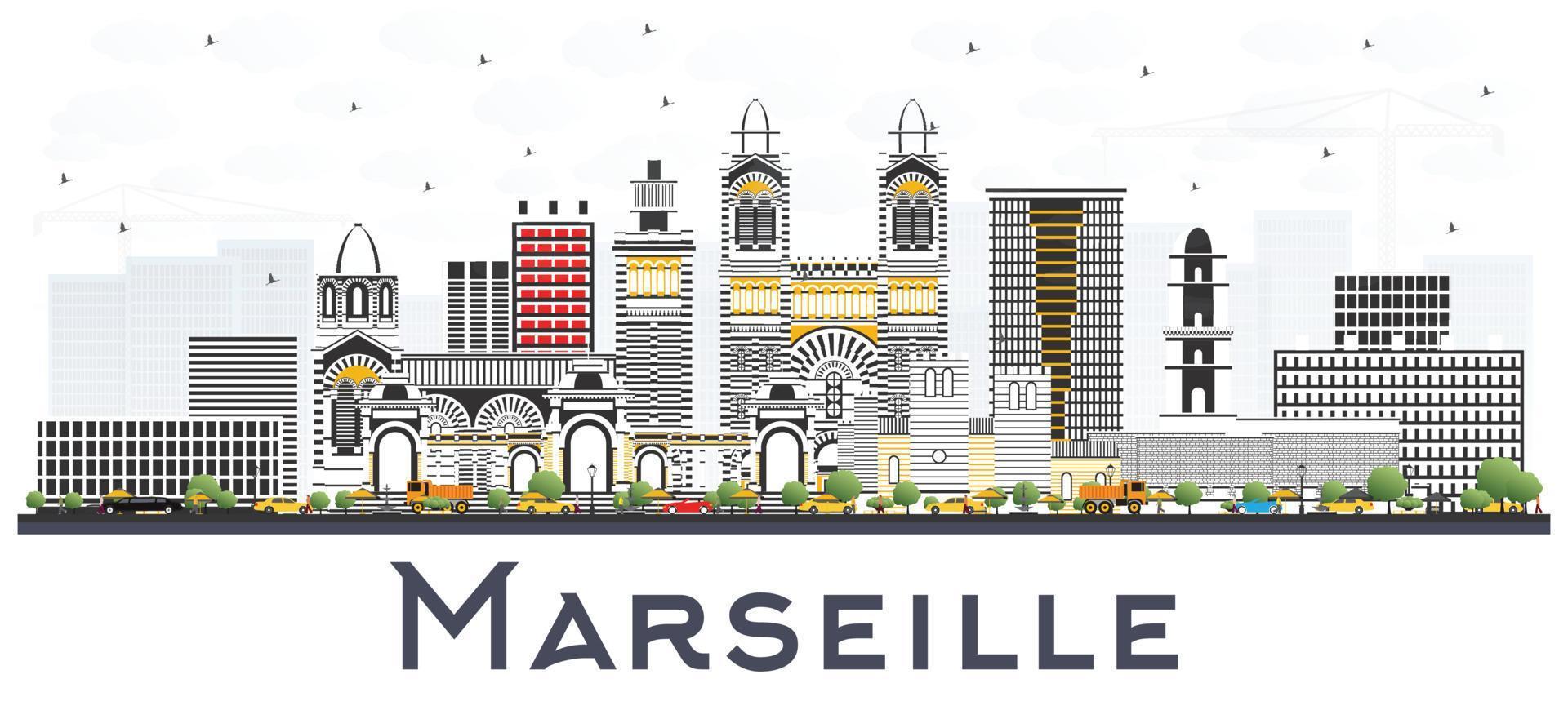 Marseille France City Skyline with Gray Buildings Isolated on White. vector