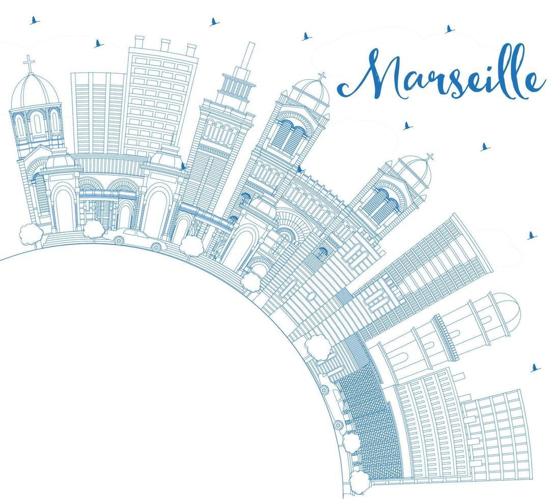 Outline Marseille France City Skyline with Blue Buildings and Copy Space. vector