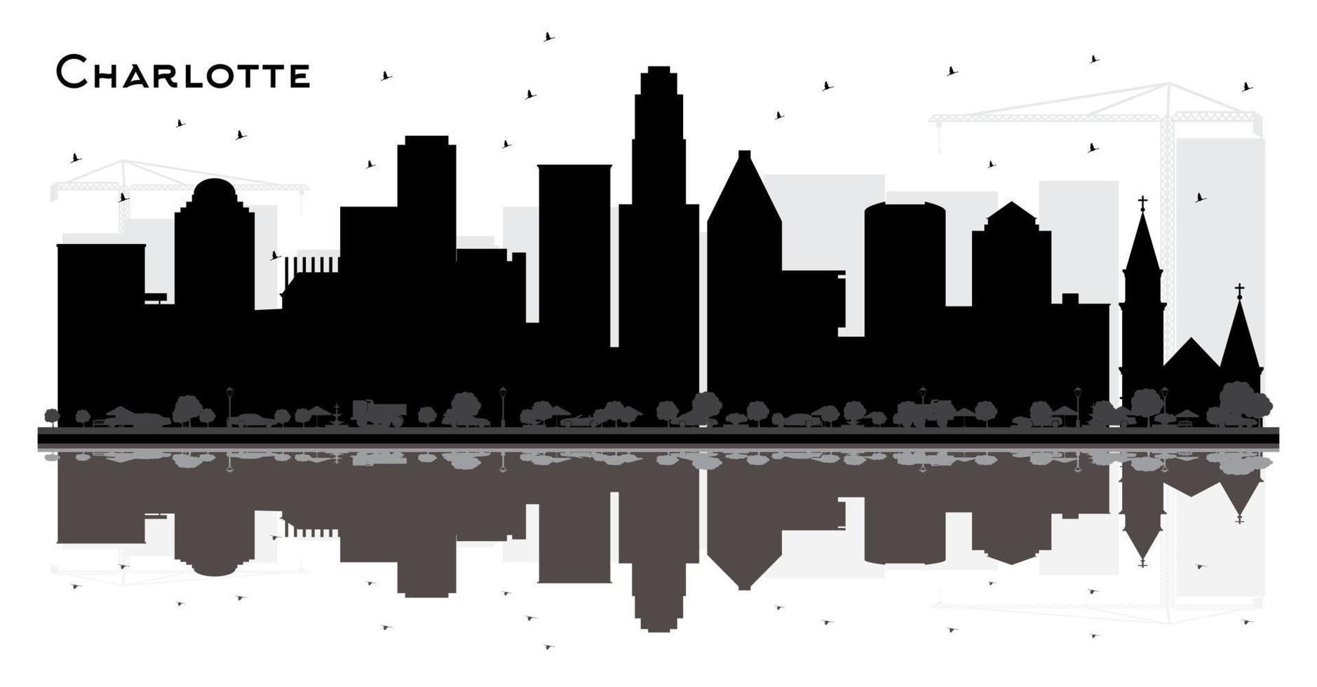 silueta en blanco y negro del horizonte de la ciudad de charlotte con reflejos. vector