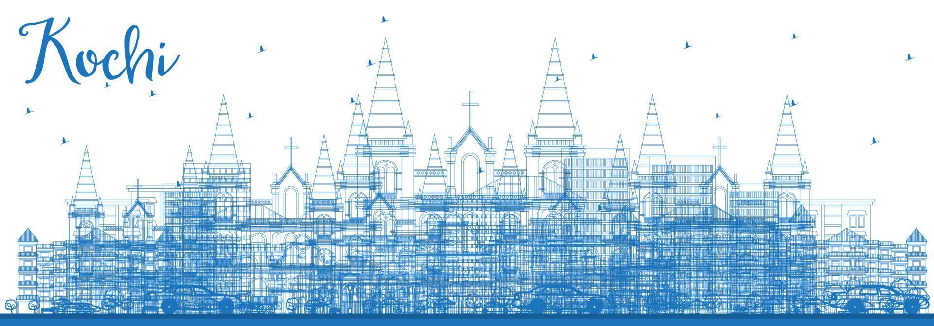 delinear el horizonte de kochi india con edificios azules. vector