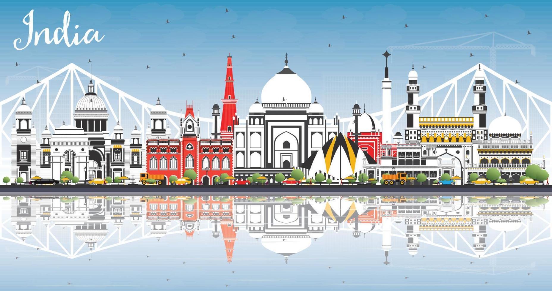 India City Skyline with Color Buildings, Blue Sky and Reflections. vector
