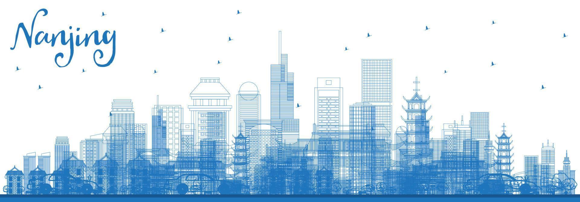 Outline Nanjing China Skyline with Blue Buildings. vector