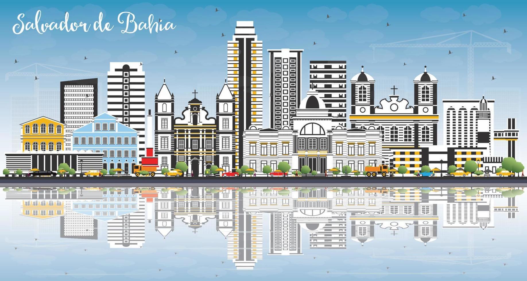 Salvador de Bahia City Skyline with Color Buildings, Blue Sky and Reflections. vector