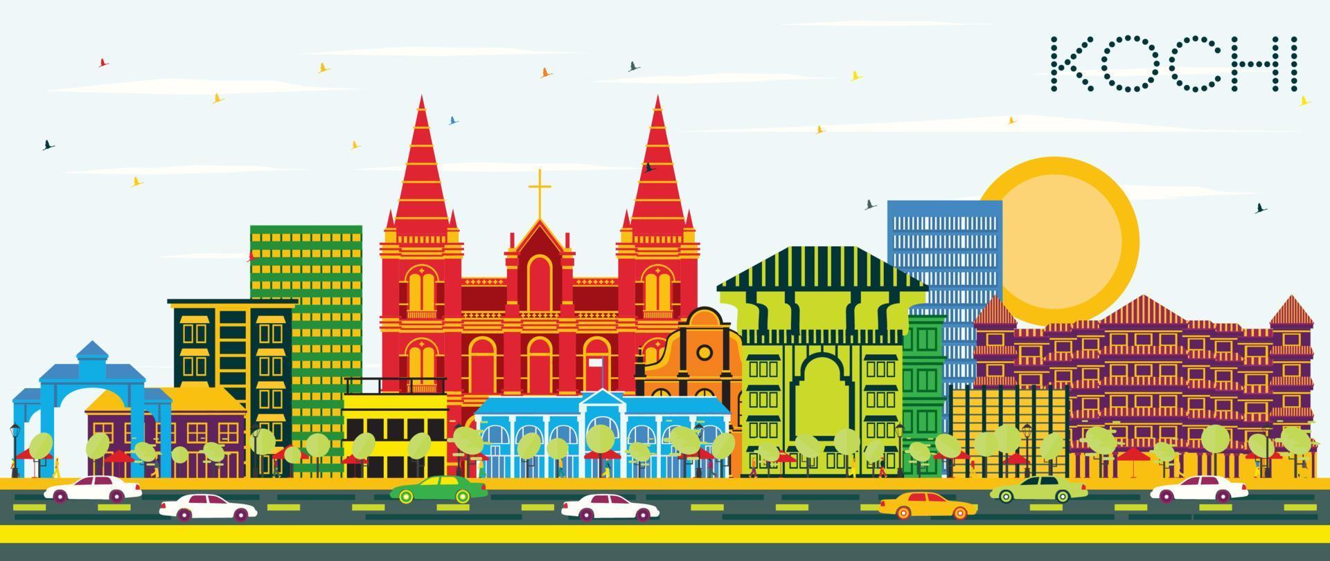 horizonte de la ciudad de kochi india con edificios de color y cielo azul. vector