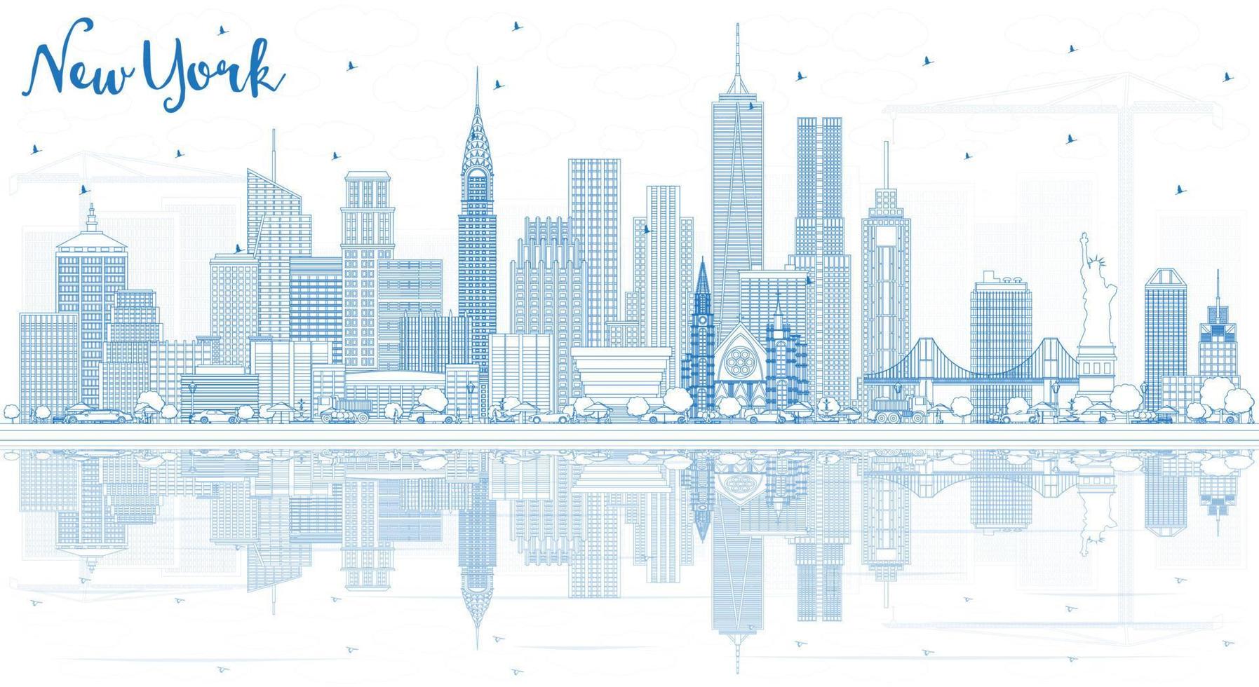 esbozar el horizonte de la ciudad de nueva york, ee.uu., con edificios azules y reflejos. vector