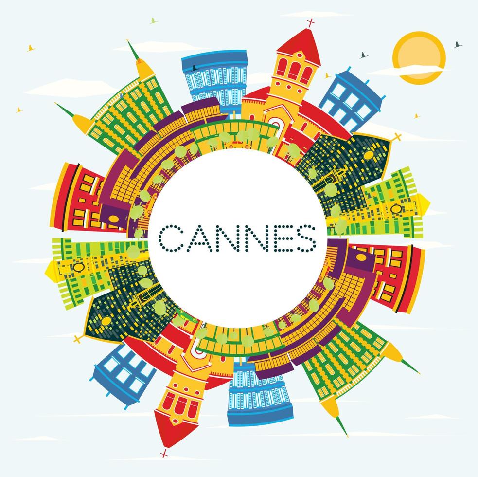 horizonte de la ciudad de cannes francia con edificios de color, cielo azul y espacio de copia. vector