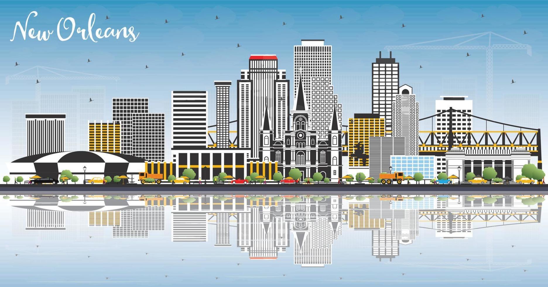 New Orleans Louisiana City Skyline with Gray Buildings, Blue Sky and Reflections. vector