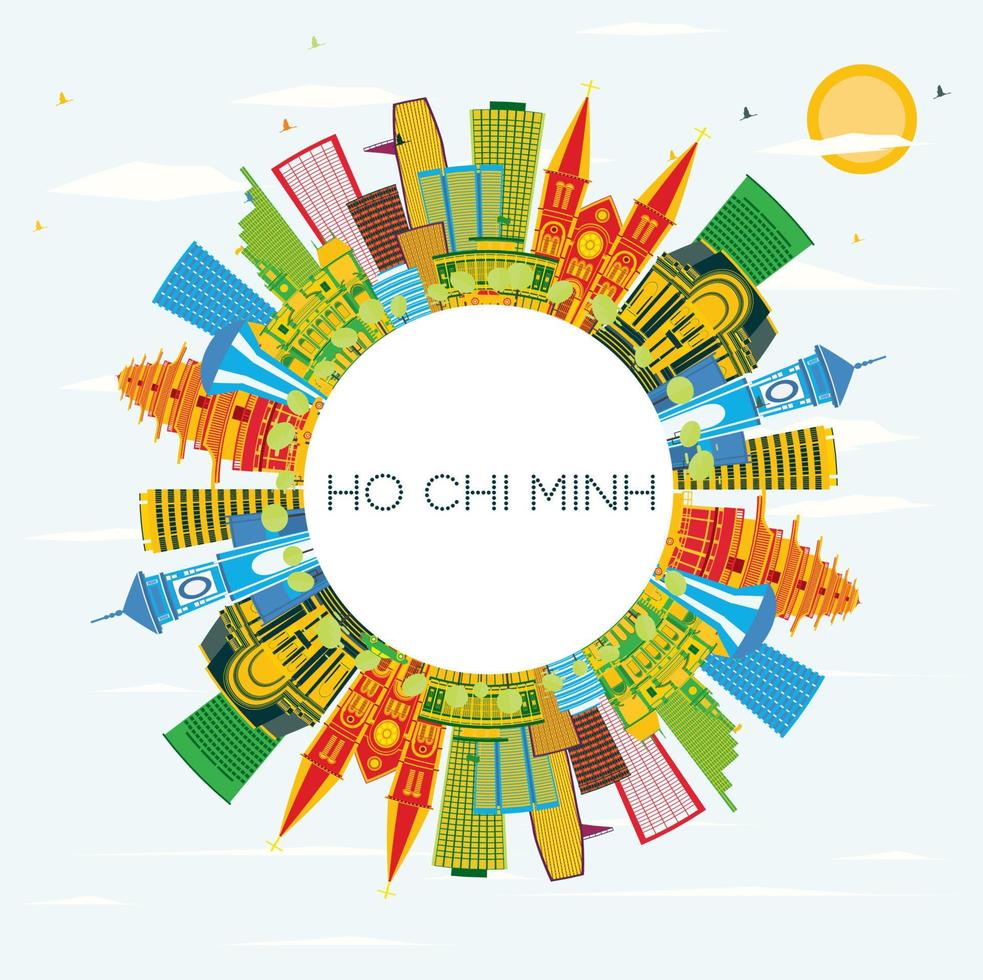 horizonte de ho chi minh con edificios de color, cielo azul y espacio de copia. vector